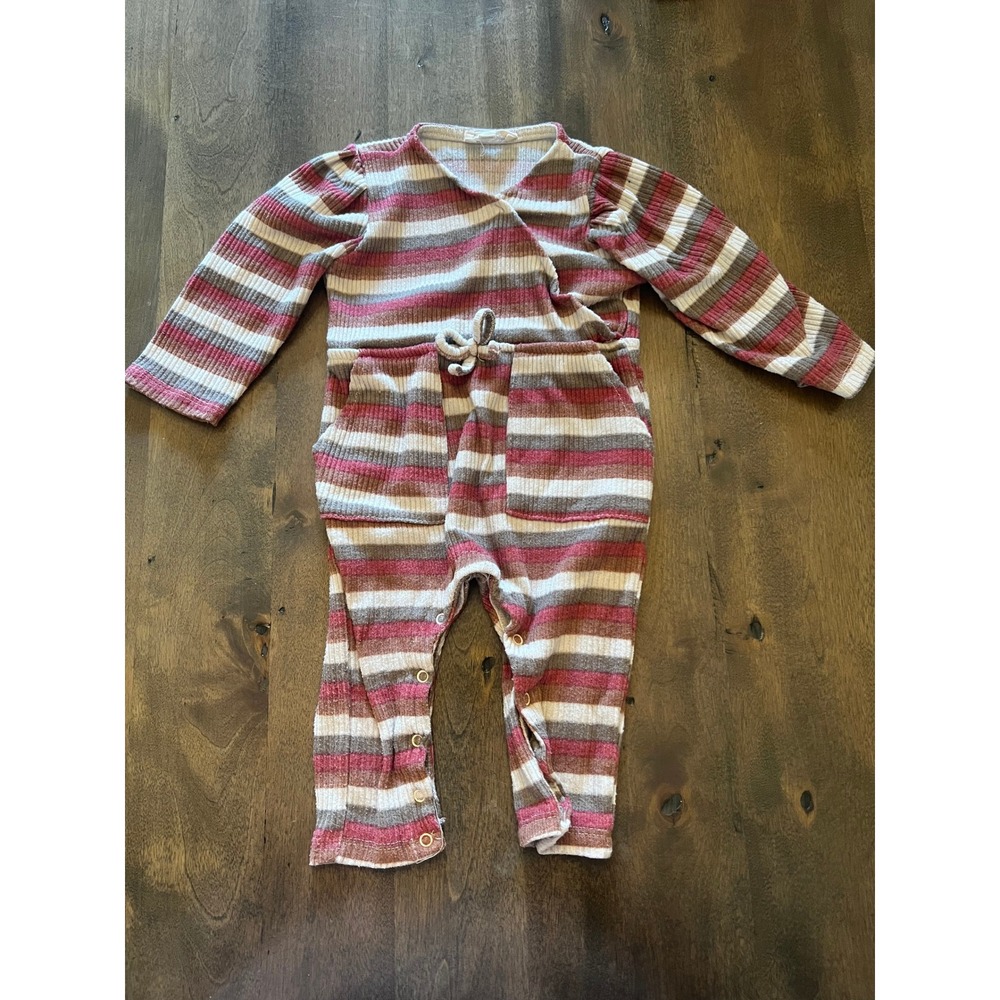 Jessica Simpson Baby Girls 12M Striped Ribbed Knit Jumpsuit Pink Burgundy Brown